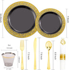 NOCCUR 210pcs Black and Gold Dinnerware Set - Black Disposable Plates and Napkins Party Supplies Include 60 Dinner/Dessert Plates, 30 Prerolled Plastic Cutlery&30 Cups for Party/Birthday/New Year