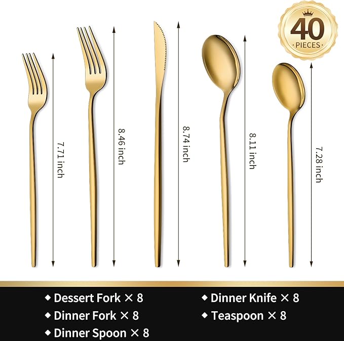 Gold Silverware Set for 8, 40 Pcs Food-Grade Stainless Steel Forks and Spoons Titanium-Coated Flatware Set Cutlery Utensil Set for Kitchen, Home, Restautant