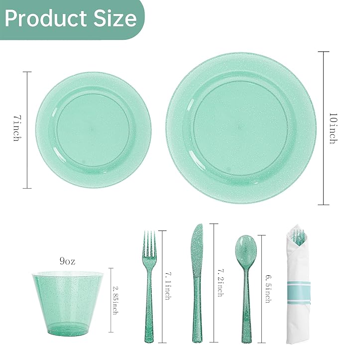 DaYammi 350 Pieces Green Glitter Dinnerware Set 50 Guest for Party St Patricks Day Plates - 50 Dinner Plates, 50 Dessert Plates - 50 Per Rolled Napkins with Green Cutlery - 50 Disposable Cups 9 OZ