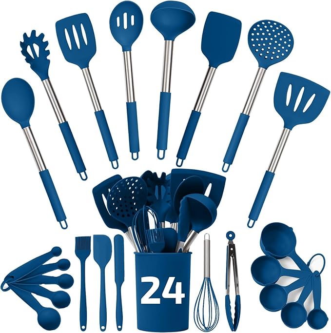 Silicone Kitchen Utensils Set 24 Pieces 450 °F Heat Resistant - Blue Cooking Utensils-Set for Nonstick Cookware - Silicone Spatulas Set, Stainless Steel Handle & Other Kitchen accessories
