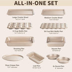 10-Piece Baking Pans Set, Bakeware Sets Nonstick, Baking Set for Oven Cooking, Stackable Carbon Steel Pans Include Cookie Sheets, Muffin Pan, Cake Pan, Pizza Pan, Loaf Pan, Roasting Pan, Gold