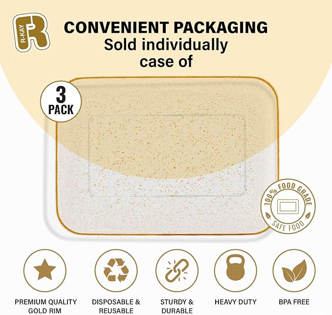 3 Pack Gold Glitter Plastic Serving Trays for Party - Gold Glittered Serving Tray 8 x 11 Inch - Heavy Duty Dessert Trays for Food - Rectangular Party Serving Trays for Entertaining