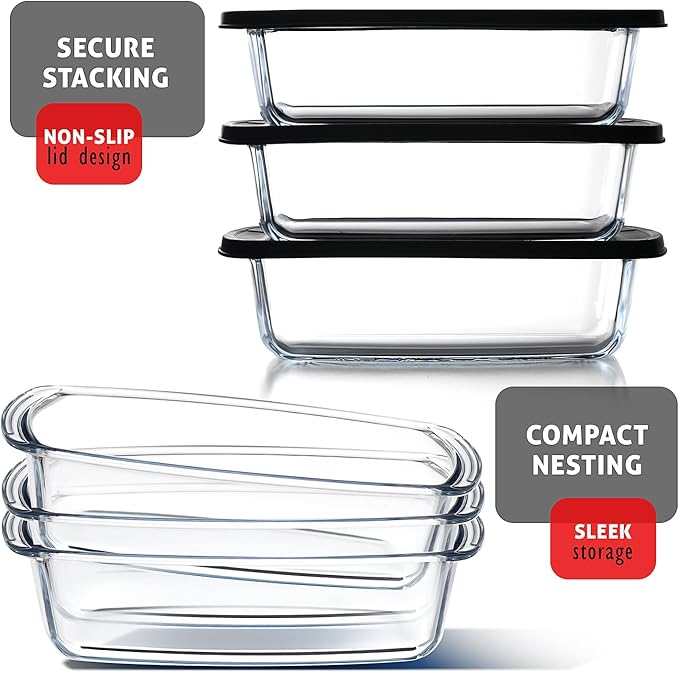 EATEX Glass Bread Pans for Homemade Bread Baking, 1.9 Quart Deep Rectangular Glass Food Storage Containers with Lids BPA Free Microwave Oven & Freezer Safe - 6 Bread Loaf Pans 6 Airtight Lids Black