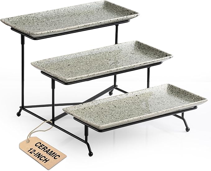 LAUCHUH 3 Tier Serving Tray, Porcelain Serving Platters and Trays for Party 12 Inch Tiered Tray Stand Cupcake Stand with Collapsible Sturdier Rack for Mother's Day Serving Food, Speckled Gray
