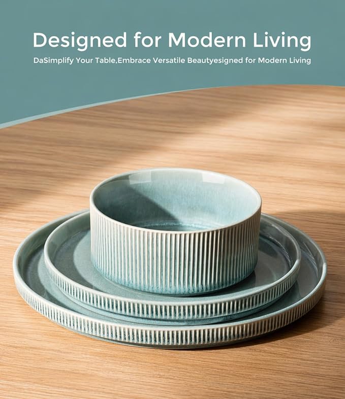 GBHOME 12-Piece Stoneware Dinnerware Set for 4 – Ribbed Ceramic Plates and Bowls, Scratch-Resistant, Microwave & Dishwasher Safe, Reactive Glaze, Malachite Green