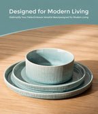 GBHOME 12-Piece Stoneware Dinnerware Set for 4 – Ribbed Ceramic Plates and Bowls, Scratch-Resistant, Microwave & Dishwasher Safe, Reactive Glaze, Malachite Green