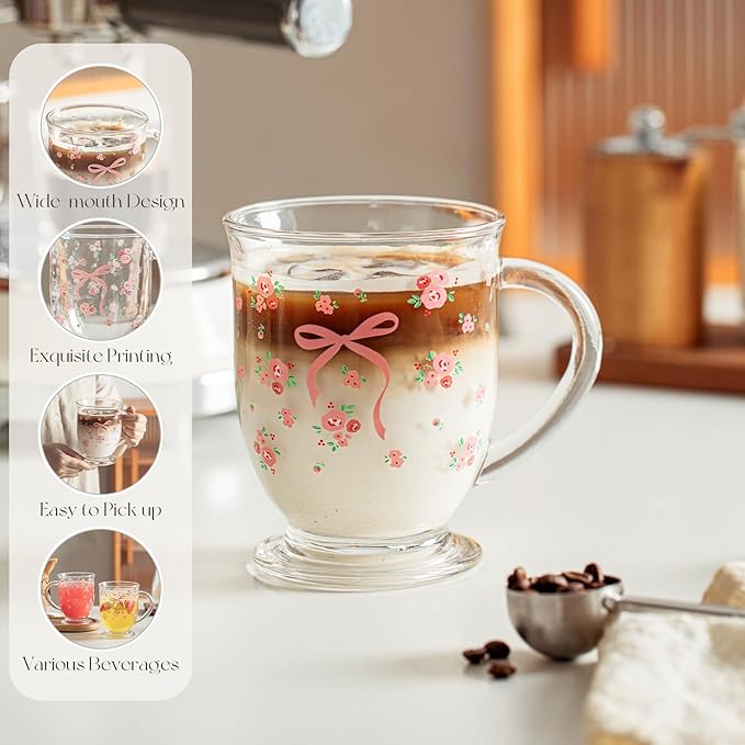 KEMORELA 16oz Coquette Cute Pink Bow Glasses Cups 2pcs, Cute with Handle, Aesthetic Iced Coffee Cup, Best Friend Birthday Gifts for Women Friendship Gifts for Hot Cold Drinks-Dishwasher Safe