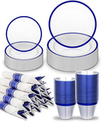 BESTVIP 175Pcs Clear Blue Plastic Plates for Party, Disposable Clear Dinnerware Set for 25 Guests, 50 Plastic Plates, 25 Cups, 25 Pre-Rolled Napkins with Cutlery for Party, Wedding, Christmas
