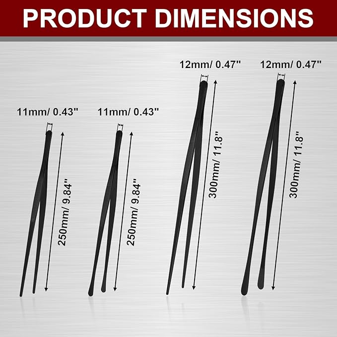 12 Inch & 10 Inch Fine Long Tweezers Tongs Stainless Steel, Black Professional Kitchen Tweezers Tongs for Cooking, BBQ, Plating, Repairing (Pack of 4)