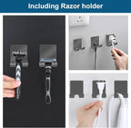 Diesisa Razor Holder for Shower + Adhesive Wall Hooks, Premium 304 Stainless Steel Shower Razor Holder with Heavy Duty Waterproof Sticky Hooks for Hanging Towels, Coat, hat (4+4 Pack) - Grey