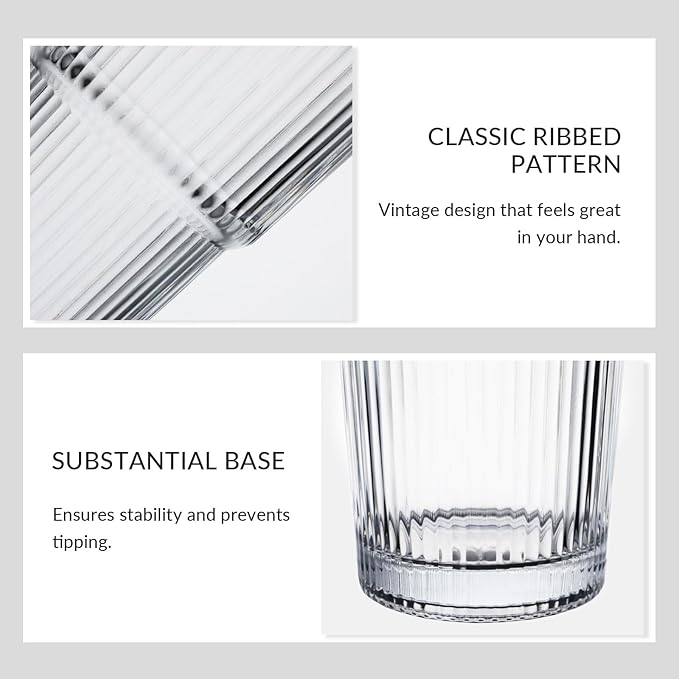 Puraville 4 Pack 20oz Glass Cups with Lids and Straws, Vintage Ribbed Glassware for Whiskey Cocktail Beer, Mason Jar Drinking Glasses Tumbler Iced Coffee Cup