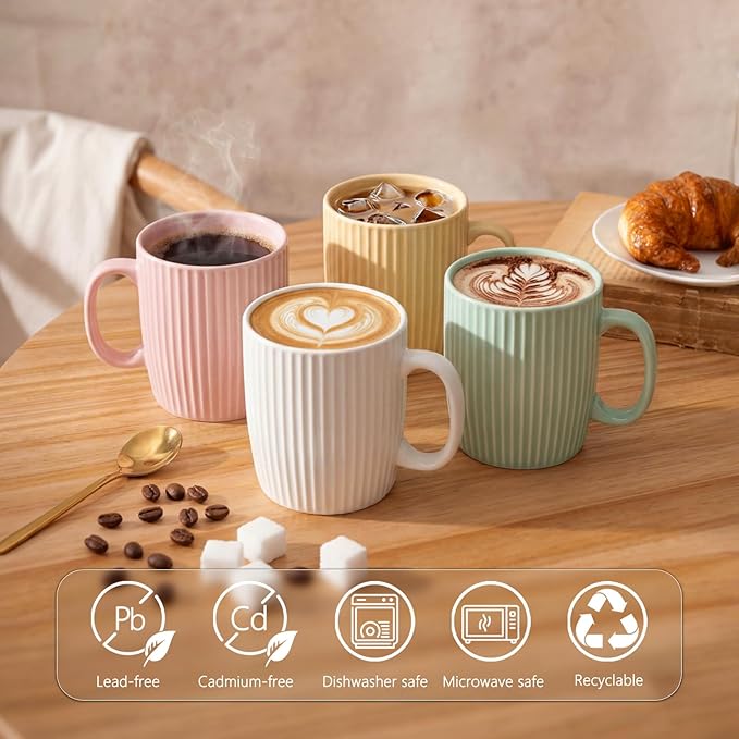 Coffee Mugs Set of 4, 14oz Ceramic Coffee Cups Set, Modern Ribbed Striped Coffee Cups with Large Handles for Latte, Tea, Cocoa, Dishwasher & Microwave Safe, Lead-Free, Stackable