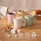 Coffee Mugs Set of 4, 14oz Ceramic Coffee Cups Set, Modern Ribbed Striped Coffee Cups with Large Handles for Latte, Tea, Cocoa, Dishwasher & Microwave Safe, Lead-Free, Stackable