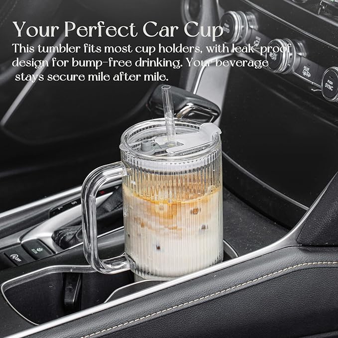 KEMORELA 26oz Ribbed Glass Tumbler with Handle & Lid, 2-Pack Clear large Iced Coffee Cups with Straws, Spill proof Glass Mug for Cold & Hot Beverages, Travel Cup for Smoothies, Tea, and Juice