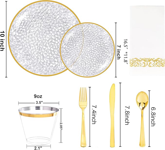 Rubtlamp 350 Pcs Clear Gold Plastic Plates, Hammered Disposable Dinnerware, Clear-Gold Plates Set Include 100 Plastic Platos, 150 Gold Disposable Silverware, 50 Cups And 50 Napkins for Party