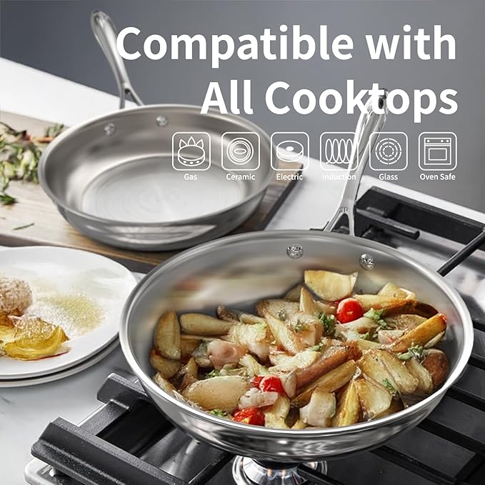 5-Ply 10 Pcs Stainless Steel Cookware Set, Pots and Pans Set with Glass Lids, Frying Pans, Saucepans, Saute Pan and Stock Pot, Compatible with All Cooktops, PTFE, PFAS and PFOA Free