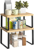 HOOBRO Spice Rack Set of 2, Kitchen Counter Organizer, Kitchen Storage, Cabinet Organizer Shelf, Nest, Stackable, Side-by-Side & L-Shape for Cabinet, Kitchen,Bathroom, Natural and Black BN33TL01