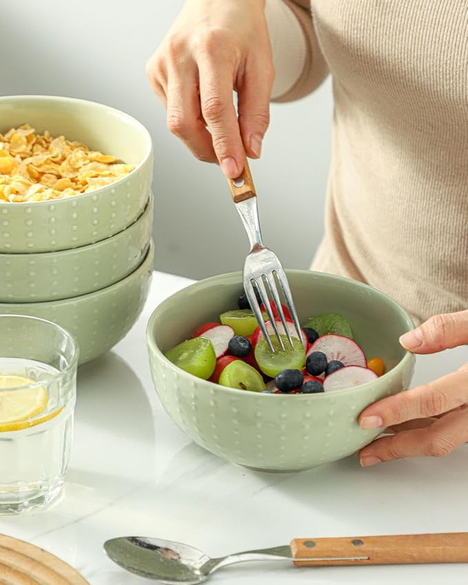 HASENSE Ceramic Cereal Bowls Set of 4, 26 Oz Embossed Soup Bowls for Kitchen, Modern Cereal Bowls, Microwave & Dishwasher Safe, Stackable Serving Bowls for Salad, Pasta, Oatmeal, Fruit, Green