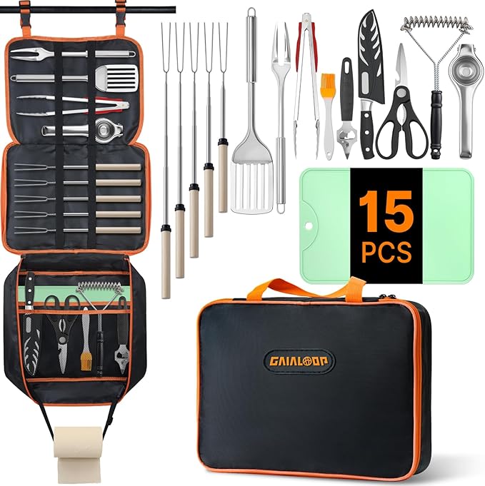 Portable Camping Cooking Utensils Set, Camp Kitchen Set with Organizer Bag, RV Essentials Outdoor Cooking Utensil Kit for Travel, Picnics, Camping, BBQs, Parties