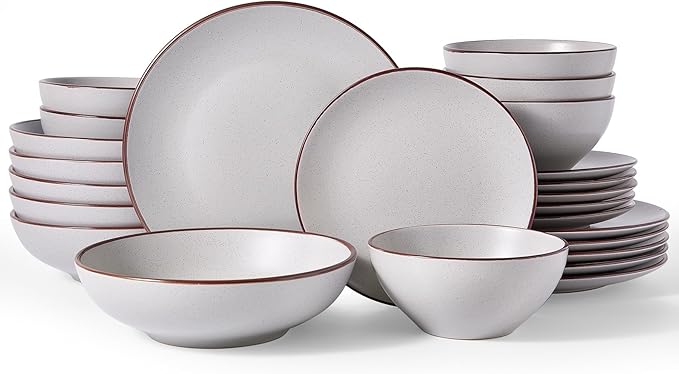 Famiware Venus Speckled Dinnerware Set, 24-Piece Stoneware Dishes for 6, Matte Light Gray - Includes Pasta Bowls & Dinner Plates for Everyday Meals or Formal Dining, Microwave & Dishwasher Safe