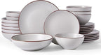 Famiware Venus Speckled Dinnerware Set, 24-Piece Stoneware Dishes for 6, Matte Light Gray - Includes Pasta Bowls & Dinner Plates for Everyday Meals or Formal Dining, Microwave & Dishwasher Safe