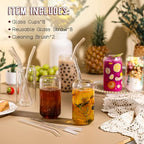NETANY [ 8pcs Set ] Drinking Glasses with Glass Straw - 16oz Glass Cups, Beer Glasses, Iced Coffee Glasses, Cute Tumbler Cup, Ideal for Whiskey, Soda, Tea, Water, Gift - 2 Cleaning Brushes