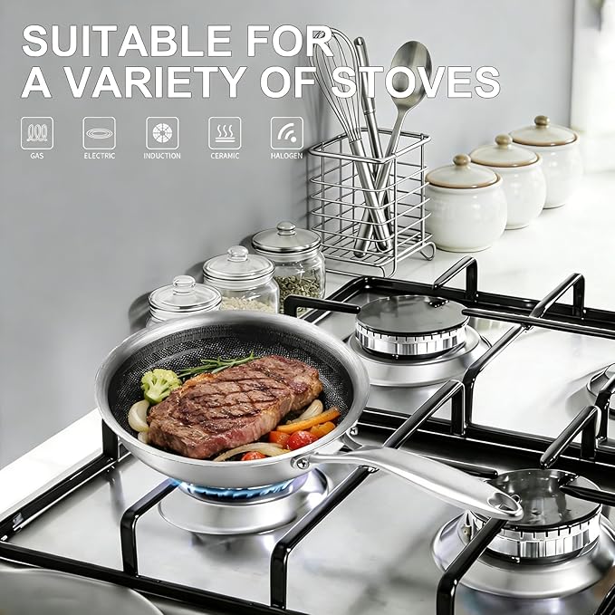 DELARLO 8inch Tri-Ply Stainless Steel Frying Pan With Lid, Nonstick Omelette Pans, Small Egg Pan Durable Chef's Pan,Induction Kitchen Skillets, Compatible with All Cooktops, Up to 600℉