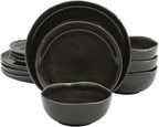Gibson Elite Nardini 12 Piece (Service for 4) Plates and Bowls Reactive Glaze Dishes Stoneware Ceramic Dinnerware Set - Black