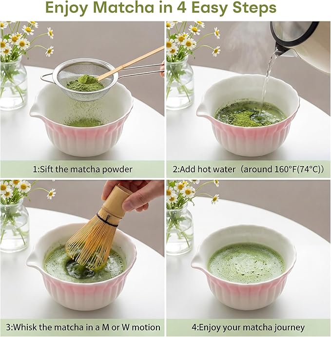Matcha Whisk set, Matcha Set with Daisy Matcha Bowl & Mushroom Whisk Holder, Complete Matcha Kit with Whisk, Sifter, Chashaku, 5 Pcs Bamboo Tea Mat, Ideal Gift for Matcha Lovers, Pink
