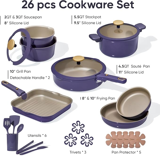 CAROTE 26Pcs Nonstick Pots and Pans Set, Nonstick Cookware Set with Detachable Handle, Induction Kitchen Cookware Sets Removable Handles, Dishwasher Safe, Oven Safe, Purple