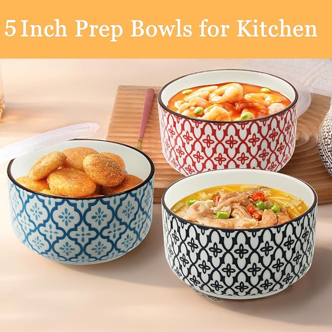 Ceramic Bowls with Lids Set of 4,20 oz Ceramic Serving Bowls with Lids for Kitchen,Office Lunch,Picnic, 5 Inch Prep Bowls for Meal Prep, Cereal, Salad, Microwave Dishwasher Safe