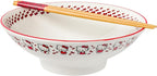 Silver Buffalo Hello Kitty Red Stripes and Bows Ceramic Ramen Noodle Rice Bowl with Chopsticks, Microwave Safe, 30 Ounces