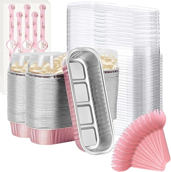 Mini Loaf Baking Pans with Lids And Spoons (100 Pack, 6.8oz) Rectangle Aluminum Foil Baking Pans Tins Containers - Cupcake Containers Wrappers Cheesecake Creme Brulee Ramekins