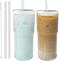 Luiaiog Glass Cups with Lids and Glass Straws, High Borosilicate 20OZ Tumblers (2Pcs) for Coffee, Tea, Juice, Smoothies, Hot/Cold Drinks at Home, Office（Christmas Creative Drink Label Design）