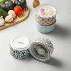 Ceramic Bowls Set with Lid: Microwave Safe Soup Containers for Meal Prep, Cereal, Salad, Picnic, Camping, Office Lunch, Kitchen Food Storage - 5 Inch, 20 oz, 4 PCS, Design C