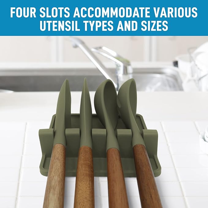 Zulay Kitchen Silicone Utensil Rest with Drip Pad for Multiple Utensils - BPA-Free, Heat-Resistant Spoon Rest & Spoon Holder for Stove Top - Kitchen Utensil Holder for Ladles & Tongs - Olive Green
