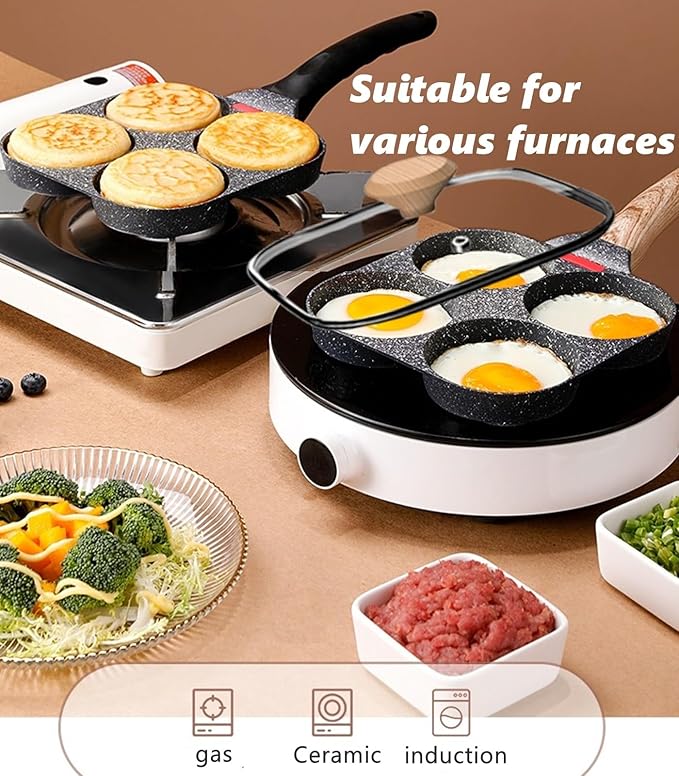 Egg Pan With Lid 4-Cup Nonstick, and Healthy Granite Egg Frying Pan, Versatile Breakfast Skillet for Eggs, Pancakes, Plett, Crepes, Compatible with Gas Stove and Induction Cooktop