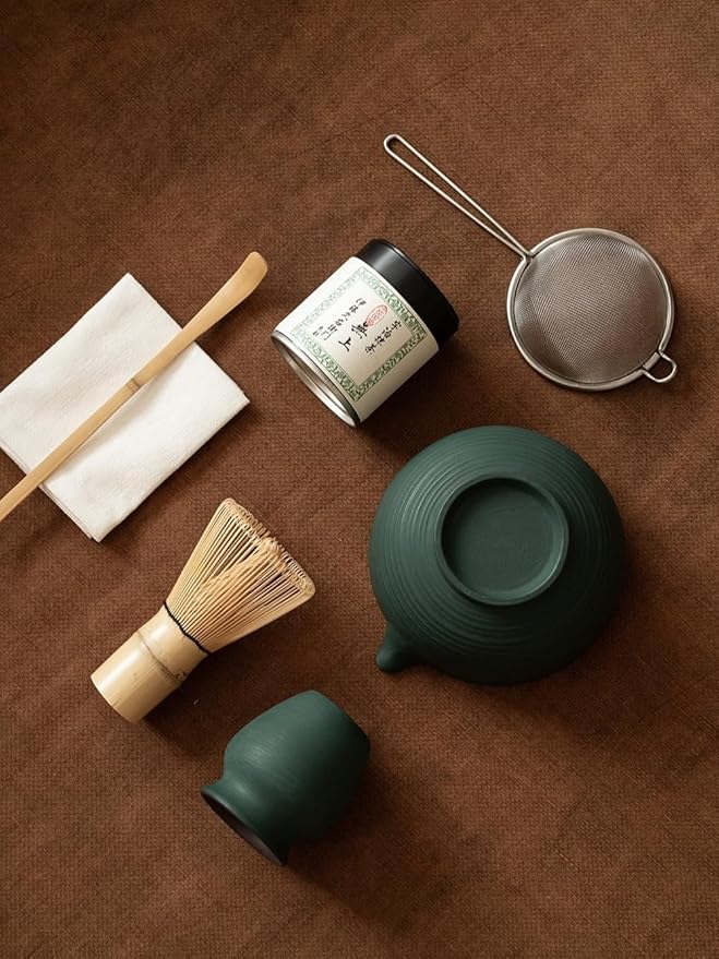 6-pcs Japanese Matcha Whisk Set, Handmade Ceramic Matcha Set with Bowl(Chawan),Bamboo Whisk(Chasen) and Holder, Scoop, Sifter & Tea Towel,Matcha Kit for Ceremony (Turquoise Green)