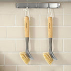 JOQINEER 2 Pack Kitchen Dish Brushes with Bamboo Handle, Dish Scrubber Built-in Scraper, Scrub Brush for Pans, Pots, Counter & Kitchen Sink Cleaning, Dishwashing and Cleaning Brush Tools