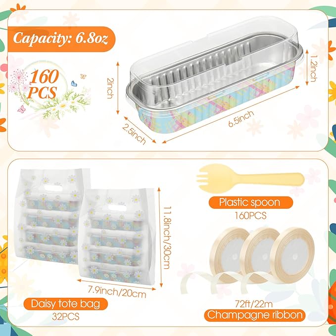 Hushee 160 Pack 6.8oz Easter Mini Loaf Pans with Lids Disposable Cross Cake Tins with Daisy Gift Bags Forks Ribbon Aluminum Foil Baking Pans Christian Bread Mold for Cupcake Picnics Baking Party Gift