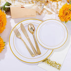 WELLIFE 700 Pieces Gold Plastic Dinnerware Set for 100 Guests - Includes Plates, Cups, Napkins, and Disposable Cutlery - Elegant White & Gold Design, Perfect for Parties and Events