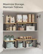 SONGMICS Cabinet Organizer Shelf, Set of 2 Kitchen Counter Shelves, Kitchen Storage, Spice Rack, Stackable, Expandable, Metal and Engineered Wood, Ink Black and Natural Beige UKCS200B01