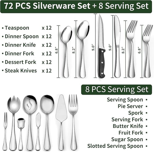 80 Pieces Silverware Set with Serving Utensils Set, CEKEE Stainless Steel Flatware Set for 12 with Steak Knives, Heavy Duty Cutlery Set, Kitchen Utensil Sets for Home Restaurant, Dishwasher Safe