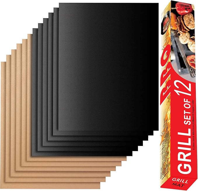 RENOOK Set of 12 (6 Black+6 Copper) Grill Mats for Outdoor Grill, BBQ Grilling Mat for Gas Grill, Non-Stick Cooking Sheets, Oven Liners, 15.75 X 13 Inch