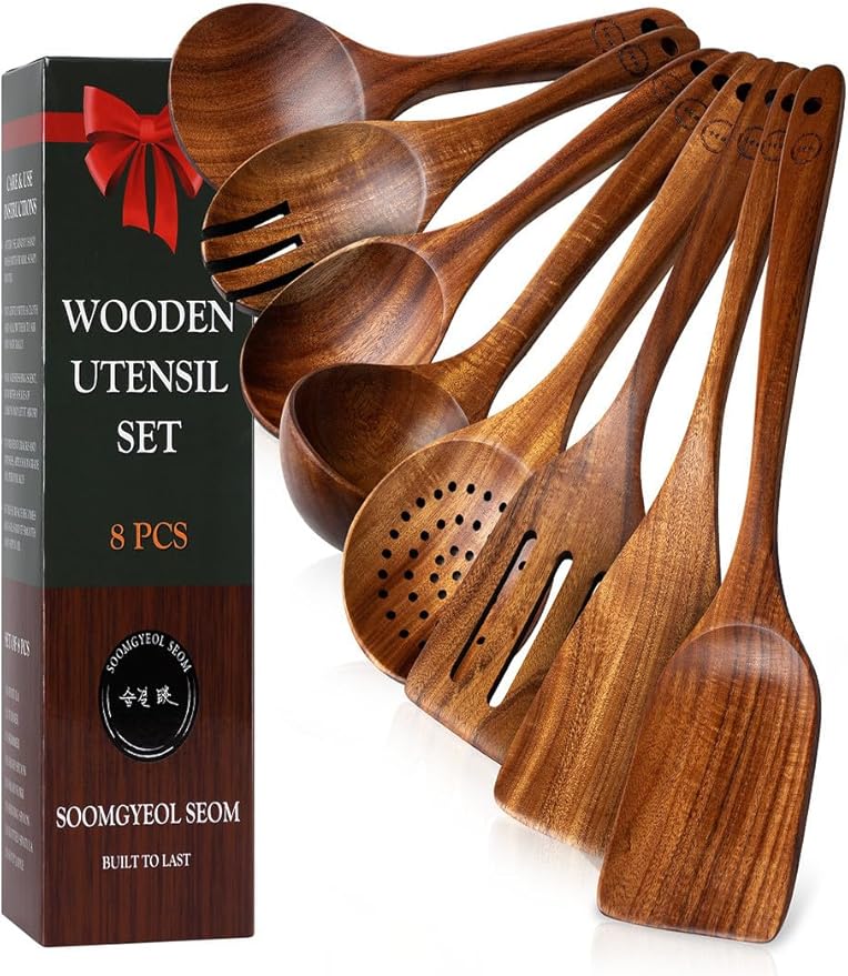8-Piece Natural Teak Wood Utensil Set - Essential Nonstick Cooking Spoons & Spatulas, Eco-Friendly Tools