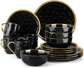 LOVECASA 16 Pieces Plates and Bowls Sets, Porcelain Black and Gold Dinnerware Sets, Round Dinner Plates Dishes Set Service for 4, Dishwasher Safe and Scratch Resistant, Black