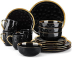 LOVECASA 16 Pieces Plates and Bowls Sets, Porcelain Black and Gold Dinnerware Sets, Round Dinner Plates Dishes Set Service for 4, Dishwasher Safe and Scratch Resistant, Black