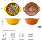 XKXKKE 4 Pack Boho Ceramic Serving Bowls with Handles, 40 Oz Porcelain Salad Bowls, Large Serving Dishes for Entertaining, Mixing Bowls for Soup, Stew, Pasta, Cereal, Colorful Embossed Cute Bowls Set