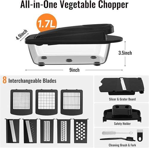 8 Blade All-in-1 Vegetable Chopper Mandoline Slicer with Container, Food Chopper, Onion Chopper, Veggie Cutter for Salad, Kitchen Gadgets Accessories Essentials, Black
