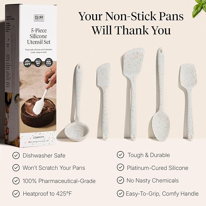 GIR 5-Piece Silicone Kitchen Utensils Set, Non-Toxic Cooking Utensils for Cooking and Baking, Heat Resistant, Food Grade, Dishwasher Safe Rubber Spatula, Ladle, Spoon - Party Confetti